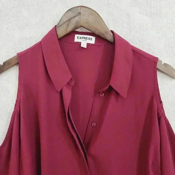 Express Slim Fit Cold Shoulder Ling sleeve Button up Chiffon Blouse L Red 3525P - Picture 2 of 8